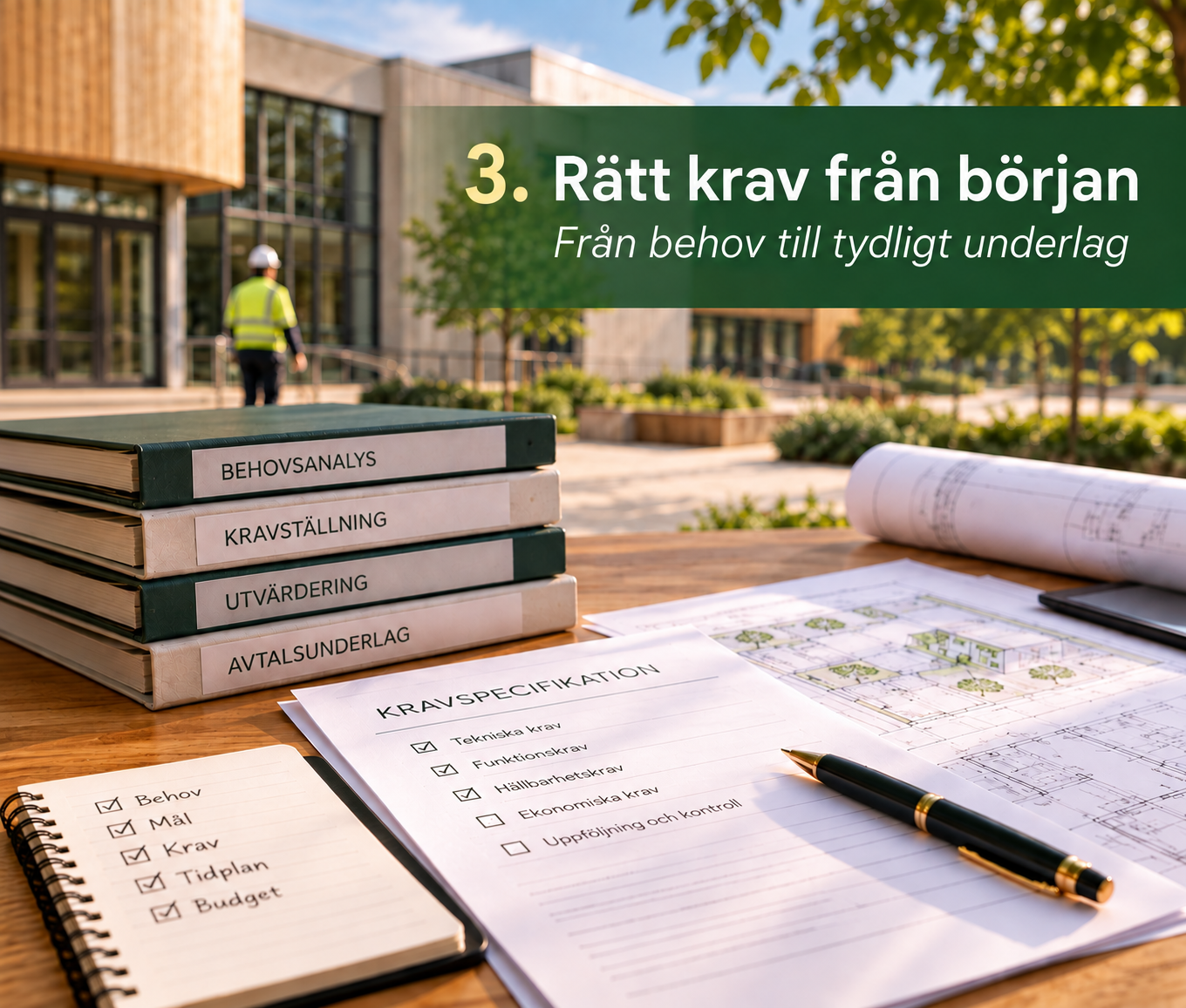 Kravspecifikation och upphandlingsunderlag framför fastighet som symboliserar upphandling, kravställning, LOU, LUF och Aff