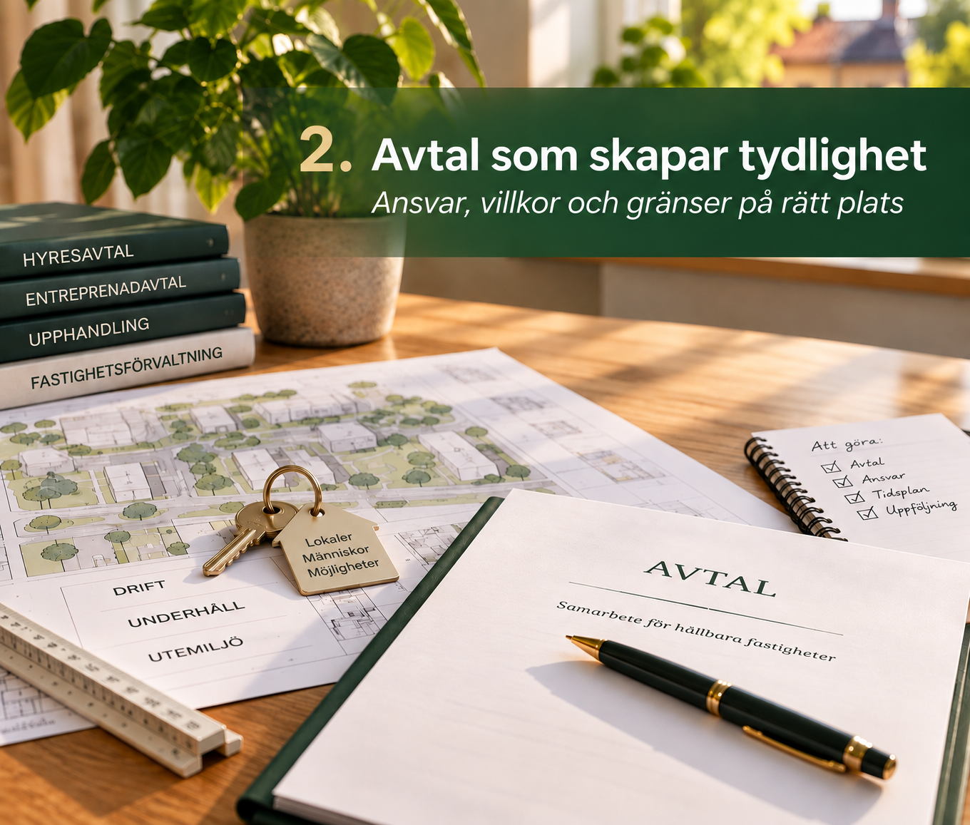 Avtal, fastighetsritning och dokument som symboliserar ansvar, villkor och gränsdragningar i fastighetsförvaltning