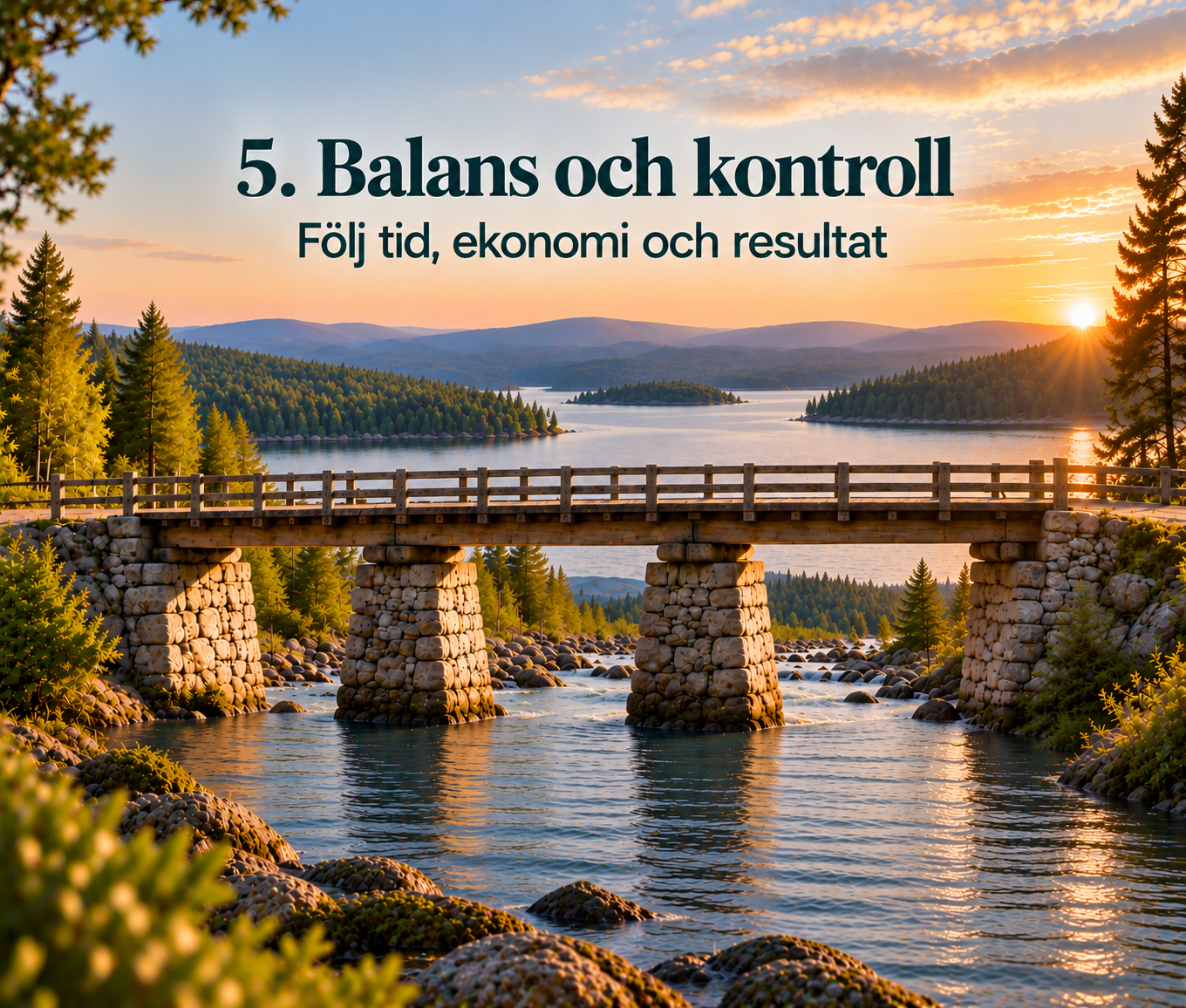 Bro med stabila fundament som symboliserar balans och uppföljning av tid, ekonomi och resultat i projekt