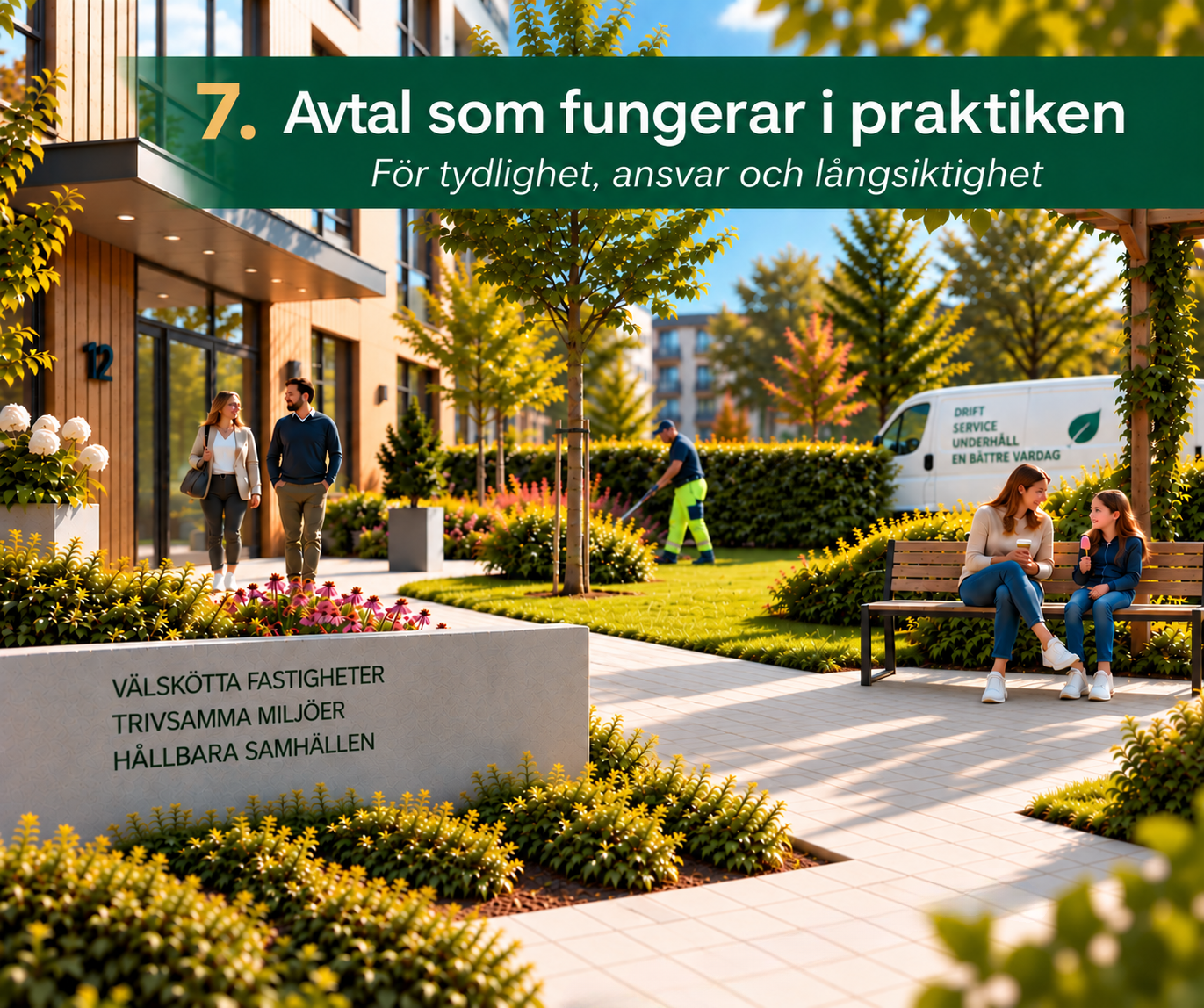Välskött fastighet och utemiljö med boende och entreprenör som symboliserar fungerande avtal, ansvar och långsiktig fastighetsförvaltning