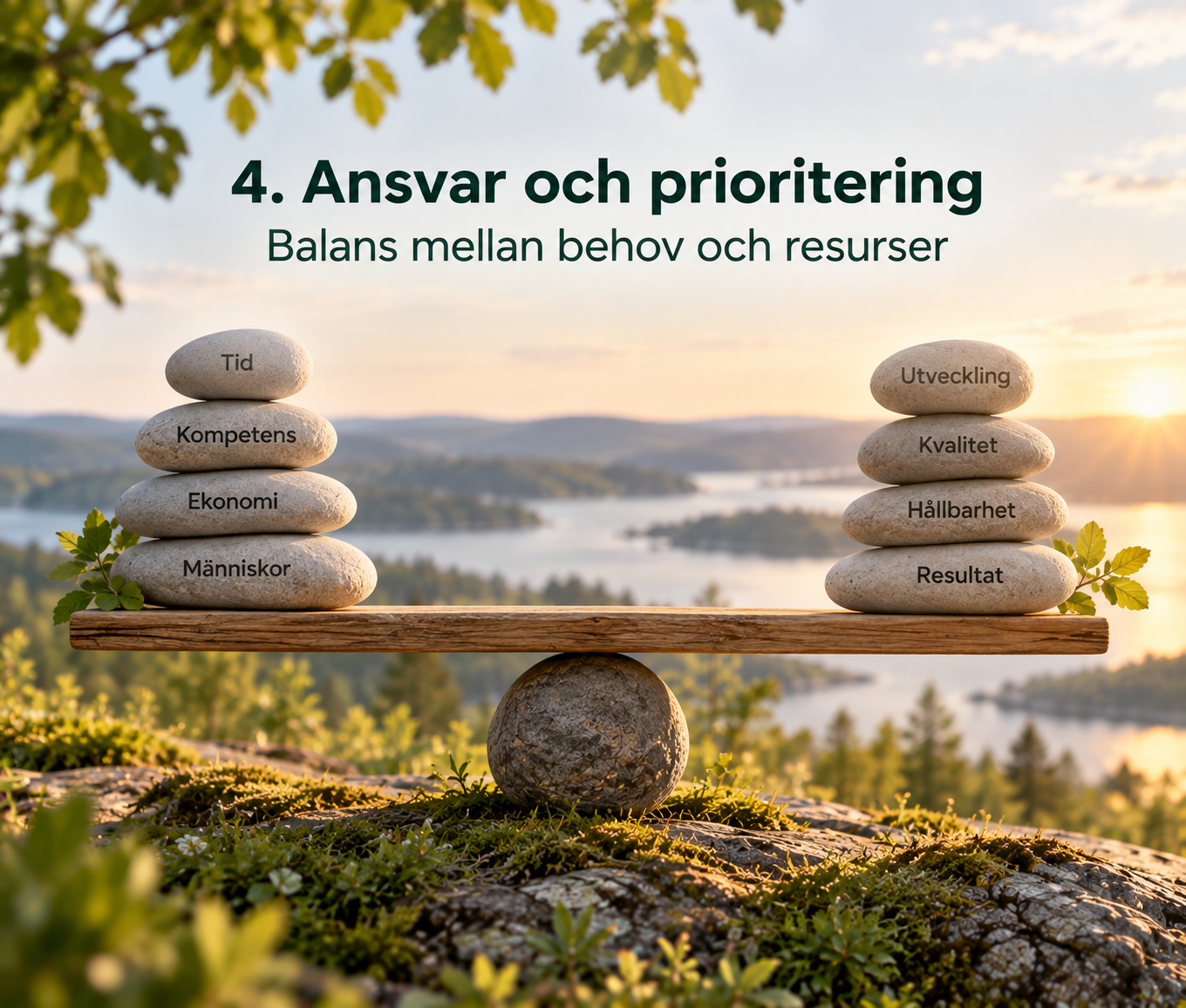 Balansvåg som symboliserar ledarskap, ansvar och prioritering mellan verksamhetens behov och resurser