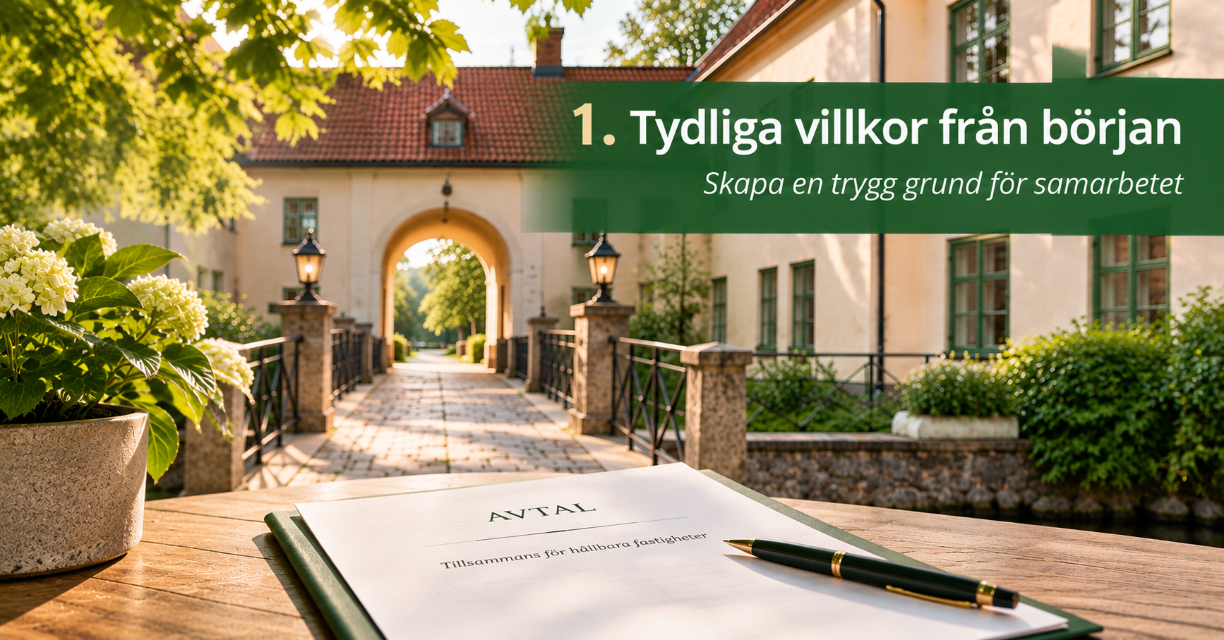 Fastighet med entré och avtal som symboliserar tydliga villkor och en trygg grund för fastighetsrelaterade avtal